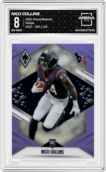 Nico Collins from the 2021 Panini Phoenix set featuring a Purple parallel graded by Arena Club and given an overall grade of 8.