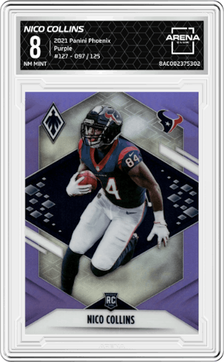 Nico Collins from the 2021 Panini Phoenix set featuring a Purple parallel graded by Arena Club and given an overall grade of 8.