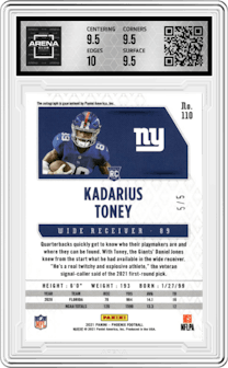 Kadarius Toney from the 2021 Panini Phoenix set featuring a Black parallel graded by Arena Club and given an overall grade of 10.