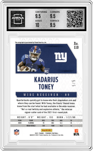 Kadarius Toney from the 2021 Panini Phoenix set featuring a Black parallel graded by Arena Club and given an overall grade of 10.