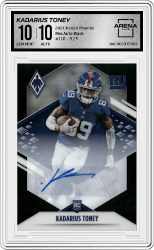 Kadarius Toney from the 2021 Panini Phoenix set featuring a Black parallel graded by Arena Club and given an overall grade of 10.