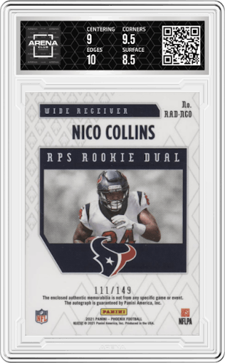 Nico Collins from the 2021 Panini Phoenix set graded by Arena Club and given an overall grade of 9.