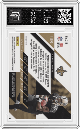 Michael Thomas from the 2016 Panini Unparalleled set featuring a Prime Red parallel graded by Arena Club and given an overall grade of 9.5.