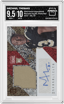 Michael Thomas from the 2016 Panini Unparalleled set featuring a Prime Red parallel graded by Arena Club and given an overall grade of 9.5.