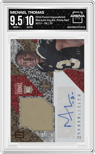 Michael Thomas from the 2016 Panini Unparalleled set featuring a Prime Red parallel graded by Arena Club and given an overall grade of 9.5.