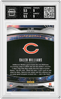 Caleb Williams from the 2024 Panini Prizm set featuring a Green Prizm parallel graded by Arena Club and given an overall grade of 9.5.