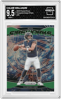 Caleb Williams from the 2024 Panini Prizm set featuring a Green Prizm parallel graded by Arena Club and given an overall grade of 9.5.