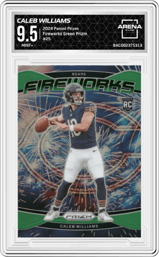 Caleb Williams from the 2024 Panini Prizm set featuring a Green Prizm parallel graded by Arena Club and given an overall grade of 9.5.