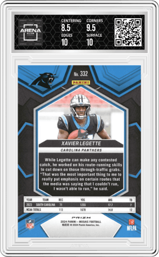 Xavier Legette from the 2024 Panini Mosaic set featuring a Reactive Yellow parallel graded by Arena Club and given an overall grade of 9.