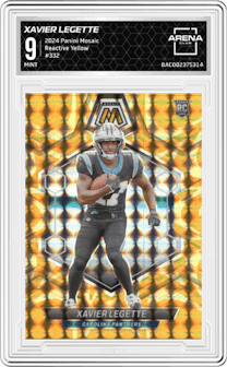 Xavier Legette from the 2024 Panini Mosaic set featuring a Reactive Yellow parallel graded by Arena Club and given an overall grade of 9.