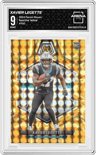 Xavier Legette from the 2024 Panini Mosaic set featuring a Reactive Yellow parallel graded by Arena Club and given an overall grade of 9.