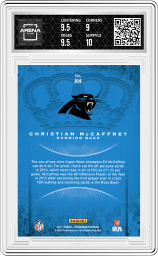 Christian McCaffrey from the 2017 Panini Preferred set graded by Arena Club and given an overall grade of 9.5.