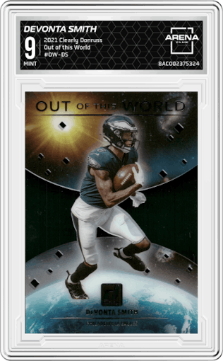 DeVonta Smith from the 2021 Panini Clearly Donruss set graded by Arena Club and given an overall grade of 9.