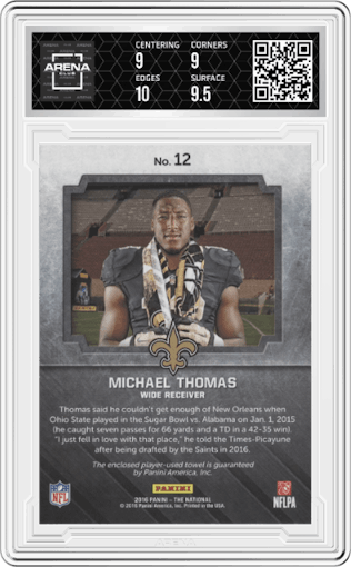 Michael Thomas from the 2016 Panini National Sports Collectors Convention Wrapper Redemption set featuring a Towels parallel graded by Arena Club and given an overall grade of 9.5.