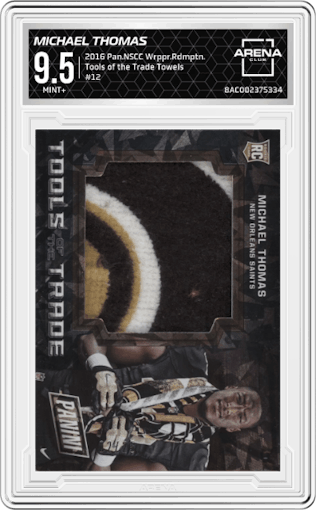 Michael Thomas from the 2016 Panini National Sports Collectors Convention Wrapper Redemption set featuring a Towels parallel graded by Arena Club and given an overall grade of 9.5.