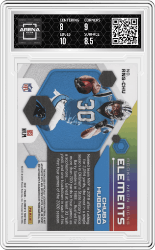 Chuba Hubbard from the 2021 Panini Elements set graded by Arena Club and given an overall grade of 8.5.