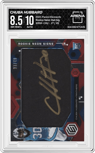 Chuba Hubbard from the 2021 Panini Elements set graded by Arena Club and given an overall grade of 8.5.