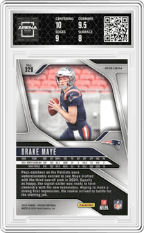 Drake Maye from the 2024 Panini Prizm set featuring a Red White Blue Prizm parallel graded by Arena Club and given an overall grade of 8.5.