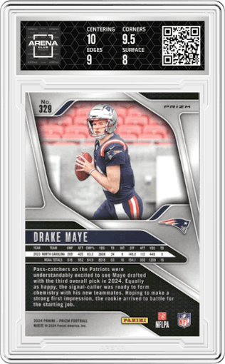 Drake Maye from the 2024 Panini Prizm set featuring a Red White Blue Prizm parallel graded by Arena Club and given an overall grade of 8.5.