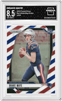 Drake Maye from the 2024 Panini Prizm set featuring a Red White Blue Prizm parallel graded by Arena Club and given an overall grade of 8.5.