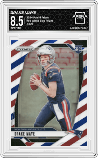 Drake Maye from the 2024 Panini Prizm set featuring a Red White Blue Prizm parallel graded by Arena Club and given an overall grade of 8.5.