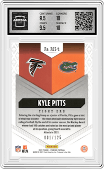 Kyle Pitts from the 2021 Panini Phoenix set featuring a Purple parallel graded by Arena Club and given an overall grade of 10.