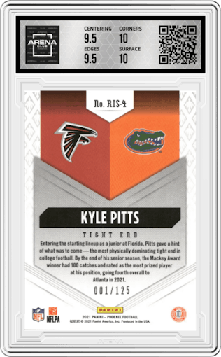 Kyle Pitts from the 2021 Panini Phoenix set featuring a Purple parallel graded by Arena Club and given an overall grade of 10.
