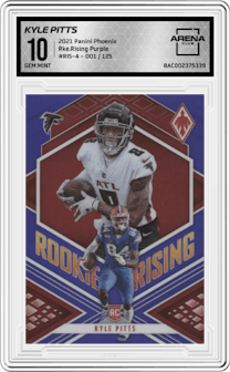 Kyle Pitts from the 2021 Panini Phoenix set featuring a Purple parallel graded by Arena Club and given an overall grade of 10.