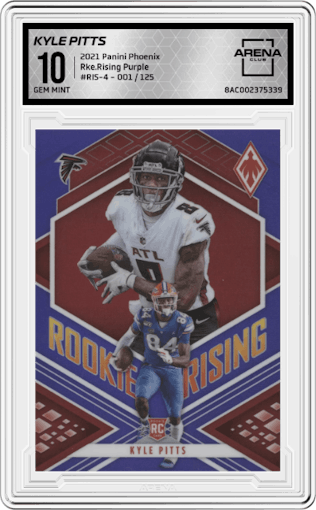 Kyle Pitts from the 2021 Panini Phoenix set featuring a Purple parallel graded by Arena Club and given an overall grade of 10.