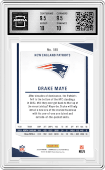 Drake Maye from the 2024 Panini Donruss Elite set featuring a Green Disco parallel graded by Arena Club and given an overall grade of 10.
