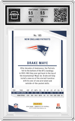 Drake Maye from the 2024 Panini Donruss Elite set featuring a Green Disco parallel graded by Arena Club and given an overall grade of 10.