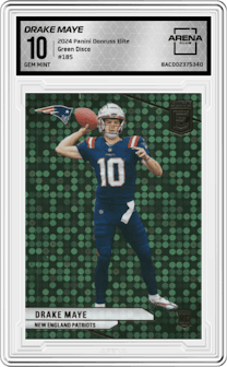 Drake Maye from the 2024 Panini Donruss Elite set featuring a Green Disco parallel graded by Arena Club and given an overall grade of 10.