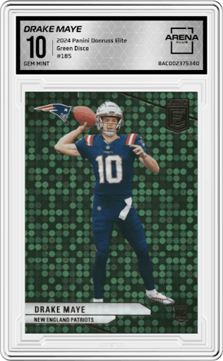 Drake Maye from the 2024 Panini Donruss Elite set featuring a Green Disco parallel graded by Arena Club and given an overall grade of 10.