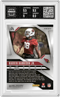 Marvin Harrison Jr. from the 2024 Panini Prizm set featuring a Silver Prizm parallel graded by Arena Club and given an overall grade of 9.