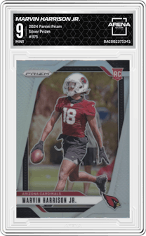 Marvin Harrison Jr. from the 2024 Panini Prizm set featuring a Silver Prizm parallel graded by Arena Club and given an overall grade of 9.