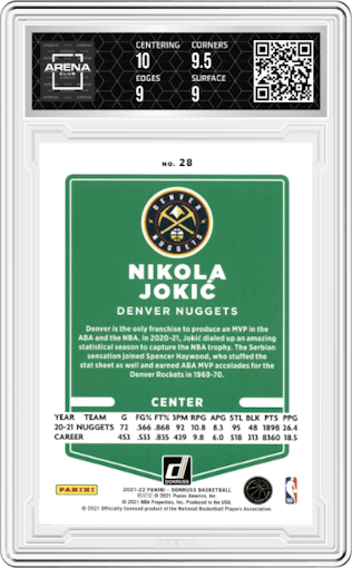 Nikola Jokic from the 2021-22 Panini Donruss set featuring a Orange Holo Laser  parallel graded by Arena Club and given an overall grade of 9.5.