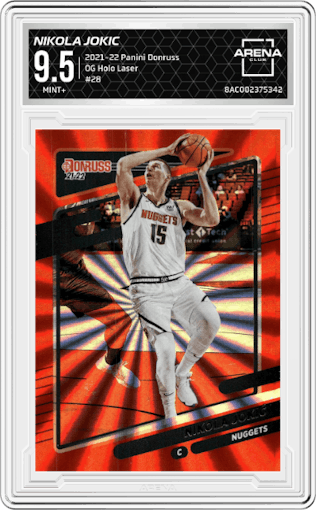Nikola Jokic from the 2021-22 Panini Donruss set featuring a Orange Holo Laser  parallel graded by Arena Club and given an overall grade of 9.5.