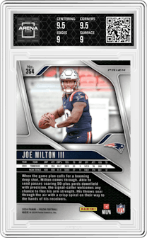 Joe Milton III from the 2024 Panini Prizm set featuring a Purple Pulsar parallel graded by Arena Club and given an overall grade of 9.5.