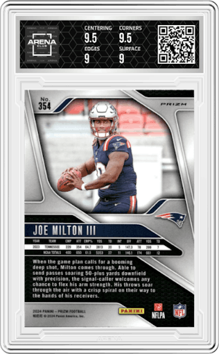 Joe Milton III from the 2024 Panini Prizm set featuring a Purple Pulsar parallel graded by Arena Club and given an overall grade of 9.5.