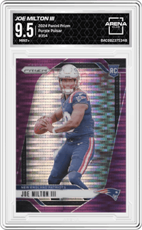 Joe Milton III from the 2024 Panini Prizm set featuring a Purple Pulsar parallel graded by Arena Club and given an overall grade of 9.5.