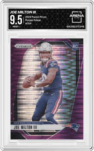 Joe Milton III from the 2024 Panini Prizm set featuring a Purple Pulsar parallel graded by Arena Club and given an overall grade of 9.5.