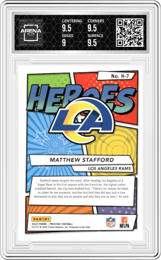 Matthew Stafford from the 2022 Panini Prestige set graded by Arena Club and given an overall grade of 9.5.