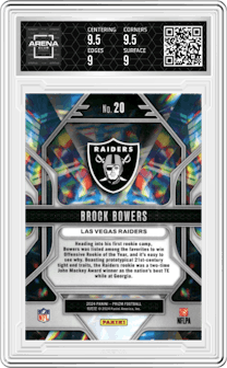Brock Bowers from the 2024 Panini Prizm set graded by Arena Club and given an overall grade of 9.5.