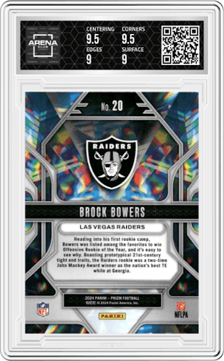 Brock Bowers from the 2024 Panini Prizm set graded by Arena Club and given an overall grade of 9.5.