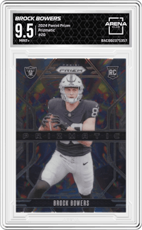 Brock Bowers from the 2024 Panini Prizm set graded by Arena Club and given an overall grade of 9.5.
