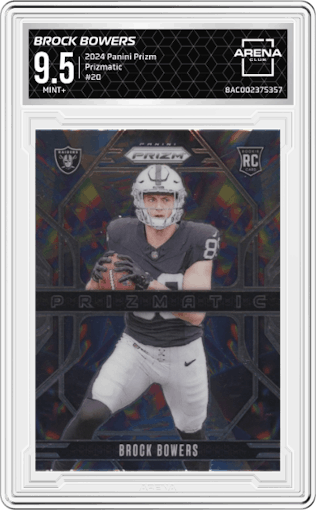 Brock Bowers from the 2024 Panini Prizm set graded by Arena Club and given an overall grade of 9.5.