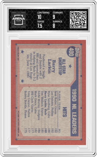 Barry Larkin from the 1991 Topps set graded by Arena Club and given an overall grade of 8.