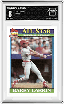 Barry Larkin from the 1991 Topps set graded by Arena Club and given an overall grade of 8.