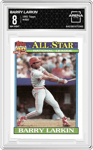 Barry Larkin from the 1991 Topps set graded by Arena Club and given an overall grade of 8.
