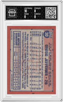 Gregg Jefferies from the 1991 Topps set graded by Arena Club and given an overall grade of 8.5.